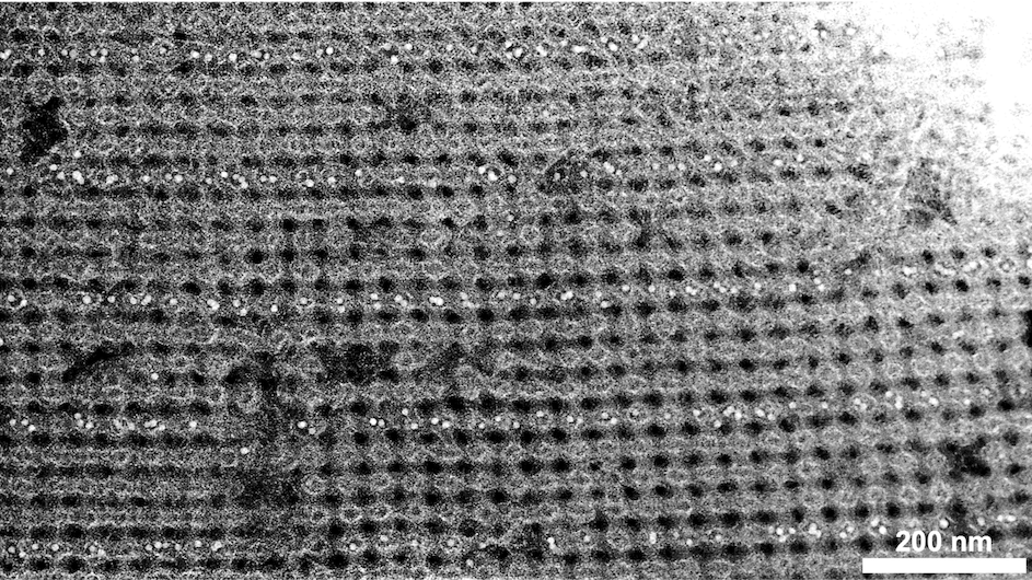Electron microscopy image of a 3D nanoparticle assembled using DNA-programmable bonds. 