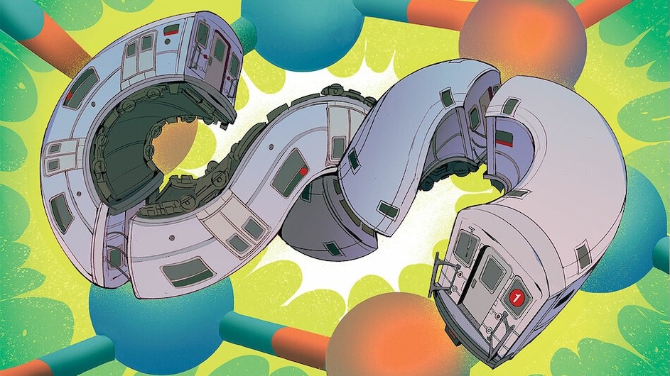 An illustration of a subway train twisting in a figure-eight infinity shape.