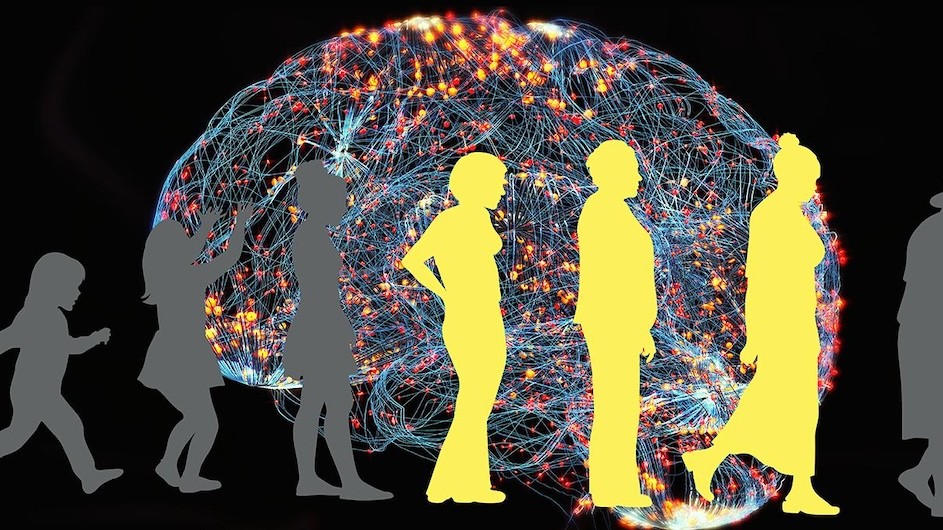 Illustration of people at different stages of life in front of a human brain.