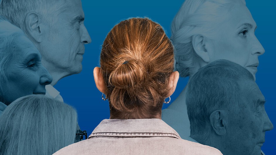 Illustration of young person facing away from frame, with older people in the background.