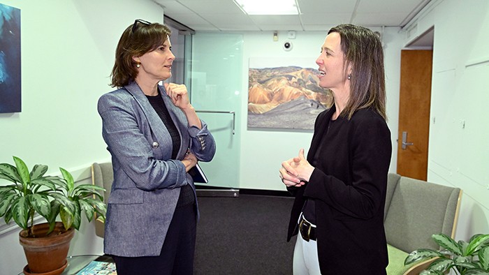 Acting President Claire Shipman and Alexis Abramson, dean of the Columbia Climate School speak about new research efforts. Photo by Eileen Barroso. Acting President Claire Shipman and Alexis Abramson, dean of the Columbia Climate School speak about new research efforts.