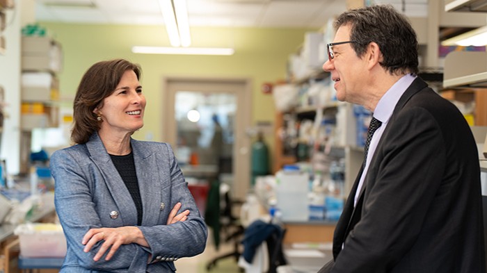 Acting President Claire Shipman and Michel Sadelain. Photo by Rudy Diaz/CUIMC. Acting President Claire Shipman and Michel Sadelain.