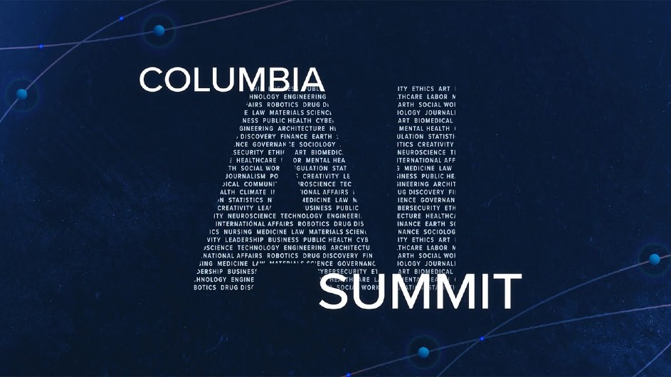 Columbia AI Summit, with the letters "A" and "I" made out of lines of computer code