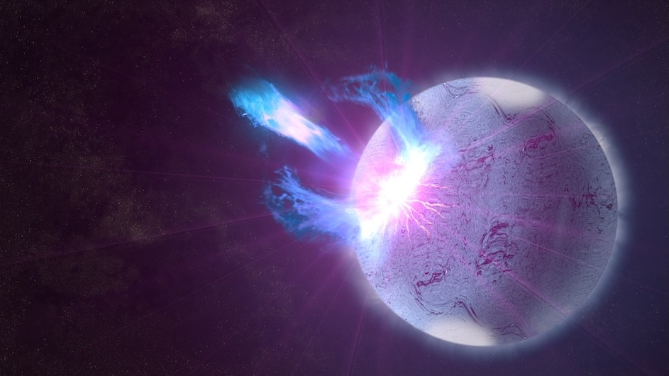 A rupture in the crust of a highly magnetized neutron star, shown here in an artist's rendering. (NASA's Goddard Space Flight Center/S. Wiessinger) A rupture in the crust of a highly magnetized neutron star, shown here in an artist's rendering.