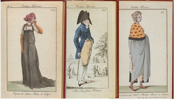 Two images of women and one image of a man from the Journal des Dames et des Modes.