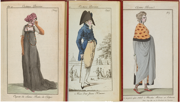Three illustrations from the Journal des Dames et des Modes. The Morgan Library & Museum. Two images of women and one image of a man from the Journal des Dames et des Modes.