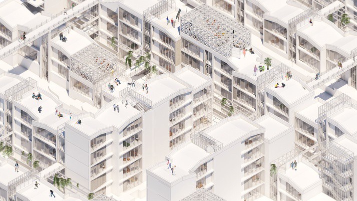 Hilary Sample Housing Studio, Fall 2018 student work by Alexandros Prince-Wright and Yoonwon Kang A bird's-eye view of white buildings and people walking on the roofs.