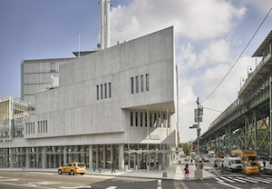 Dramatic cement building off a New York City street