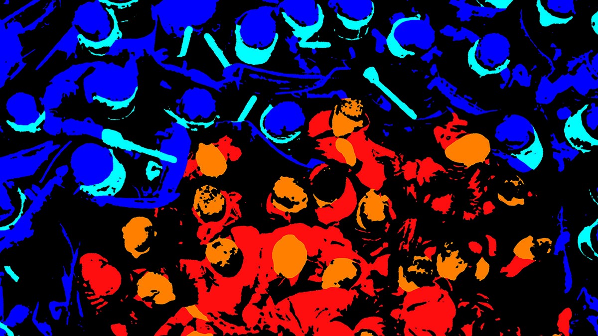 Mourad Krinah, "The Sunday Waltz" - Tribute to Paolo Uccello, 2019. Graphic wallpaper. Courtesy of the artist. A work of art with an abstract pattern of red, orange and blue against a black background.