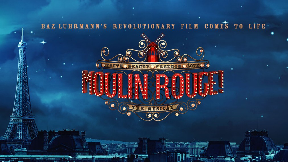 'Moulin Rouge!' is on Broadway with help from Columbia School of the Arts. A night scene of Paris with Moulin Rouge script in the sky.