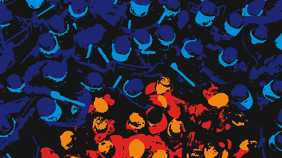 Mourad Krinah, The Sunday Waltz 3 – Tribute to Paolo Uccello, 2019, Wallpaper installation, Courtesy of the artist. An abstract patter of blues, reds and oranges set against a black background.