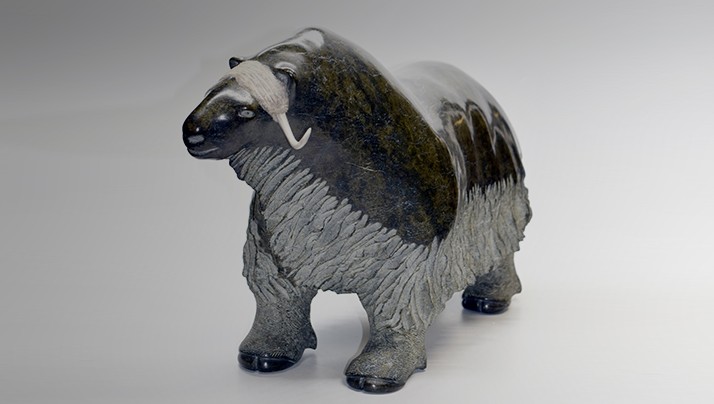 Muskox, 1990, soapstone and antler (H.13 x W. 22 3/4 x D. 7 1/2 in.) by Nuyaliaq (Inuit, 1937-2007), Art Properties, Avery Library, Gift of Robin Wagner, Barnard College ’80, and Jerome Grossman, Columbia College ’61 (2018.14.7). Small soapstone and antler statue of a muskox