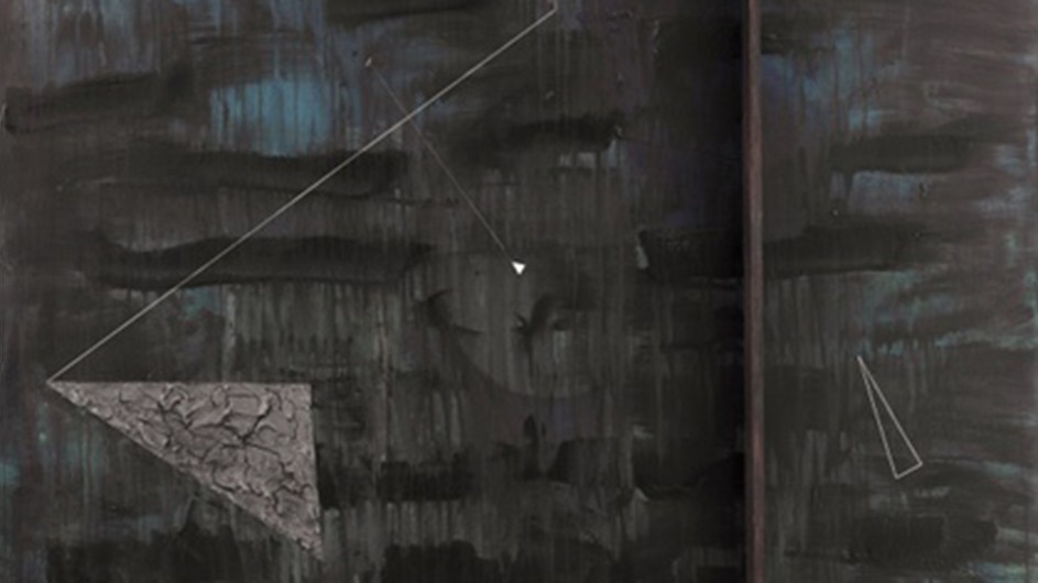 Torkwase Dyson, Hot Cold (1919: Black Water), 2019. Photo by Dan McMahon. An abstract artwork of grays, blues and blacks.