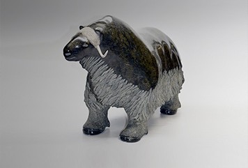 Muskox, 1990, soapstone and antler (H.13 x W. 22 3/4 x D. 7 1/2 in.) by Nuyaliaq (Inuit, 1937-2007), Art Properties, Avery Library, Gift of Robin Wagner, Barnard College ’80, and Jerome Grossman, Columbia College ’61 (2018.14.7). Small soapstone and antler statue of a muskox
