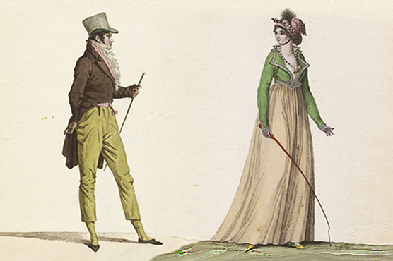 Two illustrations from the Journal des Dames et des Modes. The Morgan Library & Museum. An image of a man and an image of a woman from the Journal des Dames et des Modes.