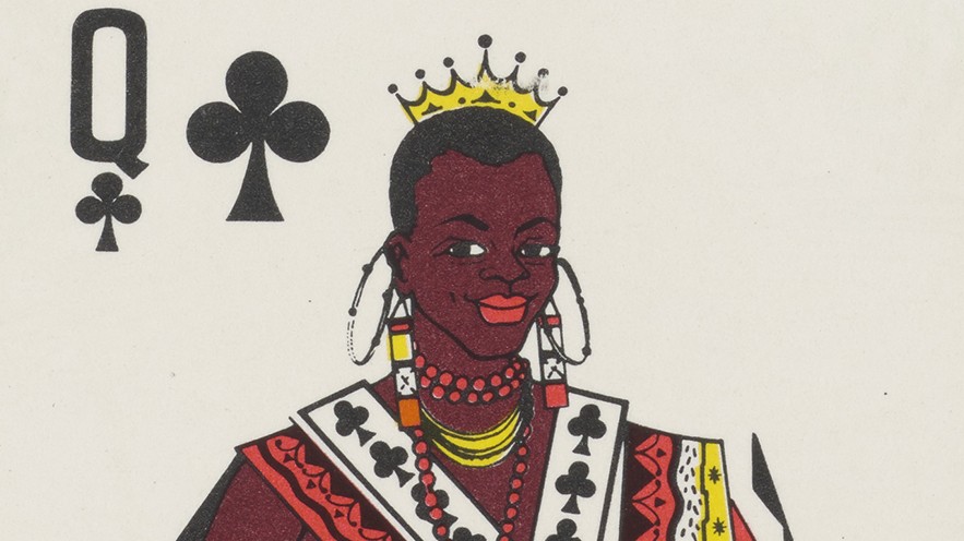 Karata Playing Card, Kenya: Colour Print Ltd, circa 1970-1985 A queen of spades playing card showing an image of a queen.