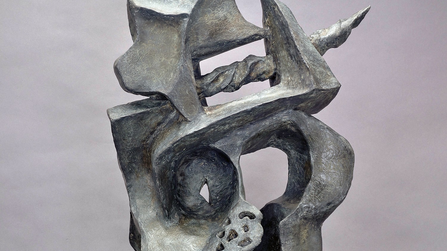 Warrior I (1948) by Seymour Lipton; sheet-lead, steel and plaster, H. 27 1/4 x W. 16 x D. 13 in. An abstract sculpture.
