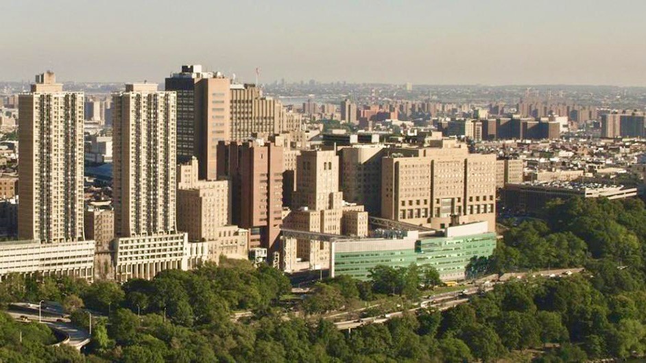 An aerial view of CUIMC campus from the river.