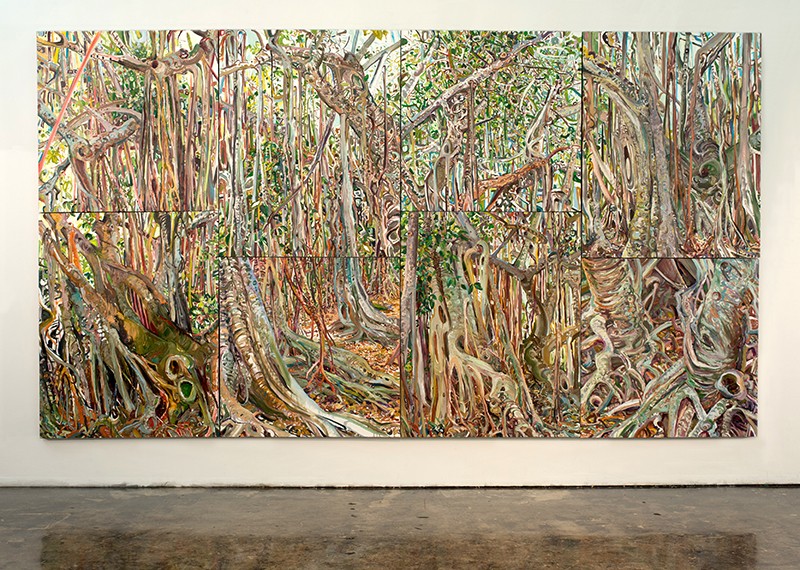 Lilian Garcia-Roig Fluid Perceptions: Banyan as Metaphor, 2016, Oil on canvas (8 panels) 108 x 172 in. Courtesy of the artist Painting of tree trunks