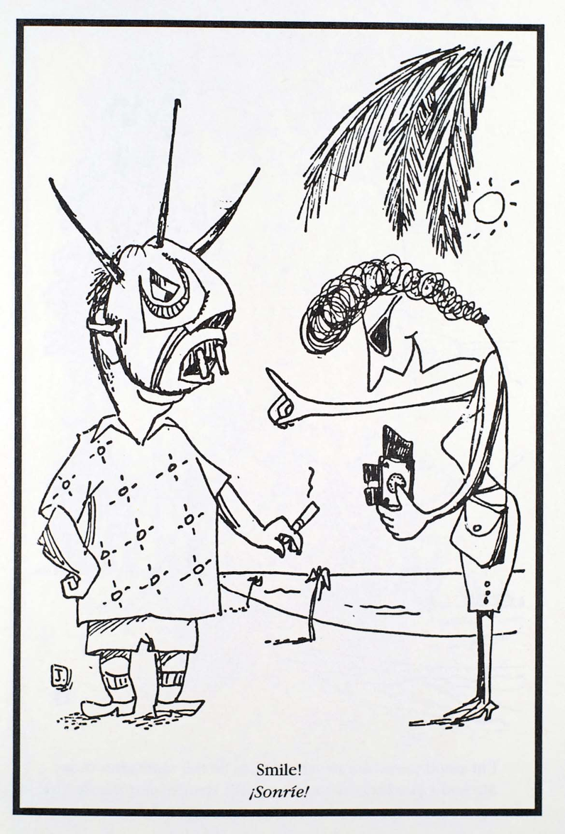 Illustration by Jack Delano of two tourists, one wearing a tribal mask while holding a cigarette, and the other holding a camera taking a photograph