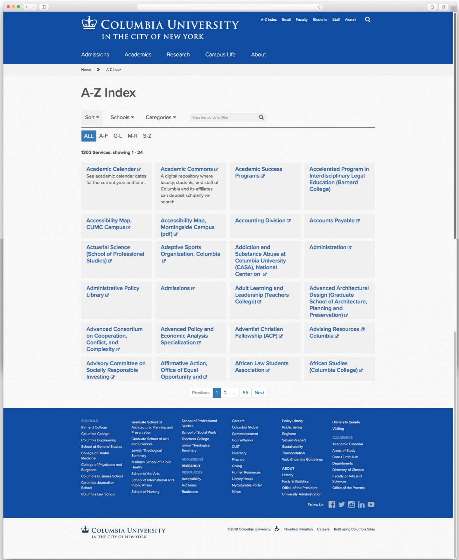 The A-Z Index now features more entries, better organized and searchable. A-Z index on columbia.edu