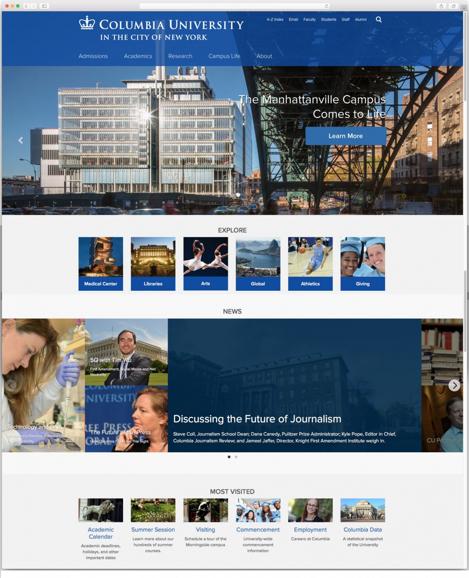 The new columbia.edu homepage