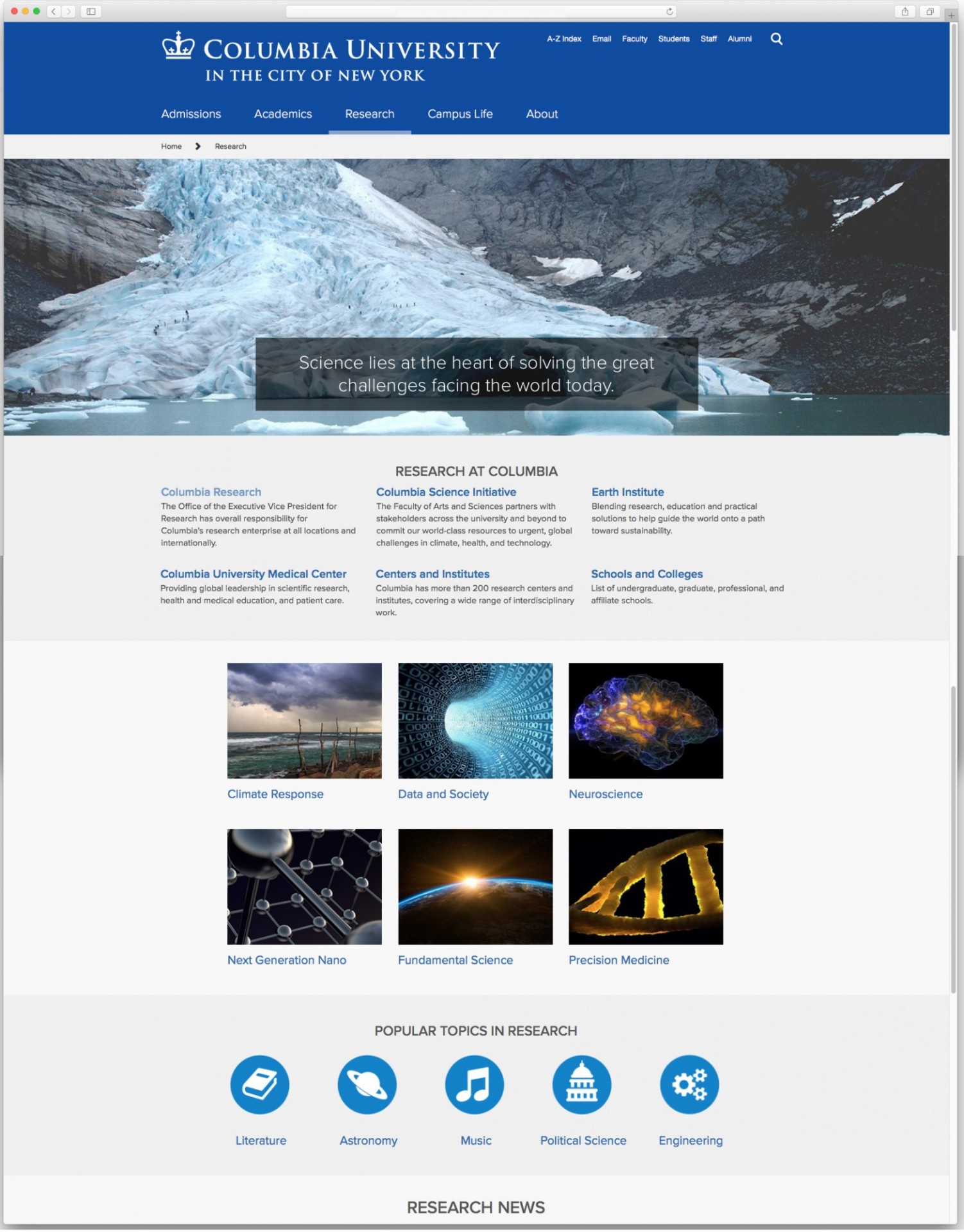 Research.columbia.edu is now an aggregation of research news and resources from across Columbia's campuses. Research page on columbia.edu