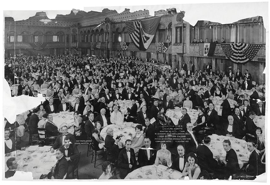 On the eve of the Casa Italiana’s inauguration in October 1927, a banquet welcomed Senator Guglielmo Marconi, the Nobel Prize–winning chemist who was representing Italy’s Fascist government. At the table of honor with Senator Marconi (and leaders of the Fascist League of North America) were Columbia's President Butler; Judge John Freschi, who had led the fundraising campaign; the Paterno family that developed the Casa and underwrote the cost of building it (Michael, Charles, and Joseph Paterno); the head of the Italian Chamber of Commerce (Attilio Giannini); N.Y.’s governor, mayor, and cardinal; both of N.Y.’s senators; Rabbi Stephen Wise; and banker Otto Kahn. A black tie crow sitting at tables