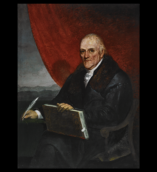 Portrait of Lorenzo Da Ponte (1749–1838), early 19th century, oil on canvas.
Artist unknown. Image Courtesy of Avery Architectural & Fine Arts Library Portrait of a man holding a book in front of a red curtain