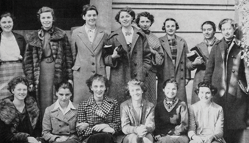 Children of immigrants to Harlem’s Little Italy, as well as first-generation students and scholarship holders, gathered to form Italian clubs at Barnard (above) and at Columbia; these students campaigned to have an Italian center on campus. Barnard Mortarboard yearbook 1937 (Il Circolo Italiano, p. 95). Image Courtesy of Barnard Archives Two rows of women, one sitting, one standing