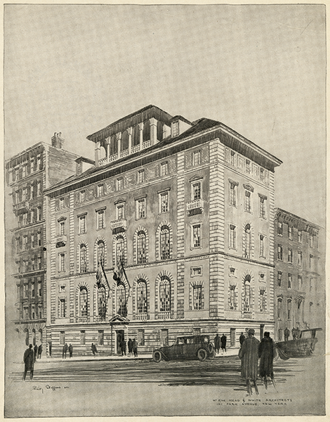 Modeled on a Roman palazzo of the Renaissance, the Casa Italiana building was, like the imposing Low Library, completely clad in limestone (amid the more common brick façades of the Columbia campus). This architect's sketch stresses the lively variety of stonework and textures. Image Courtesy of New York Historical Society A classic building on the corner of a street