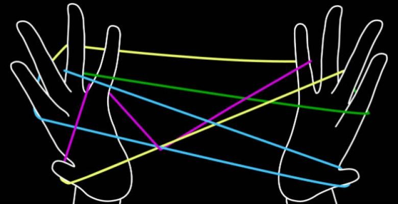 drawing of 2 hands outlined in white against black backdrop interlocked with yellow green blue and purple strings 