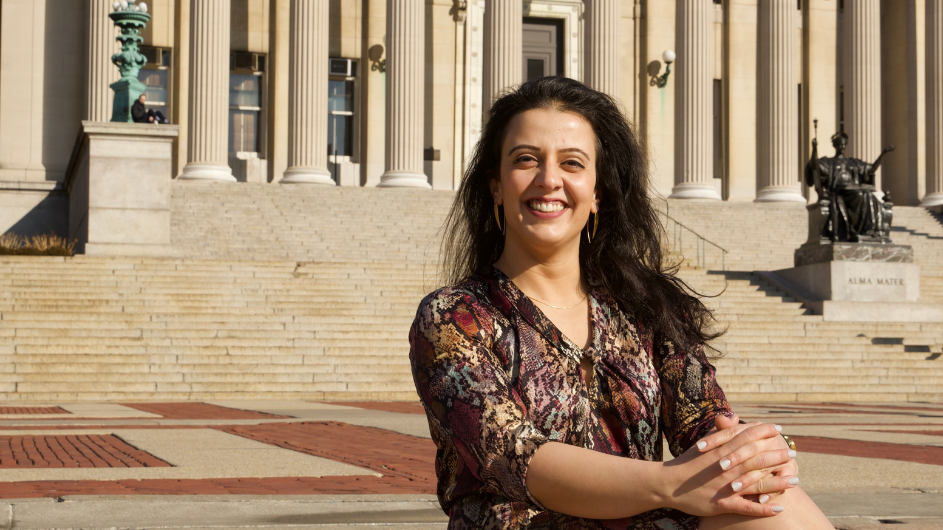 Columbia University chemistry department postdoc Elena Meirzadeh in front of Low Library.