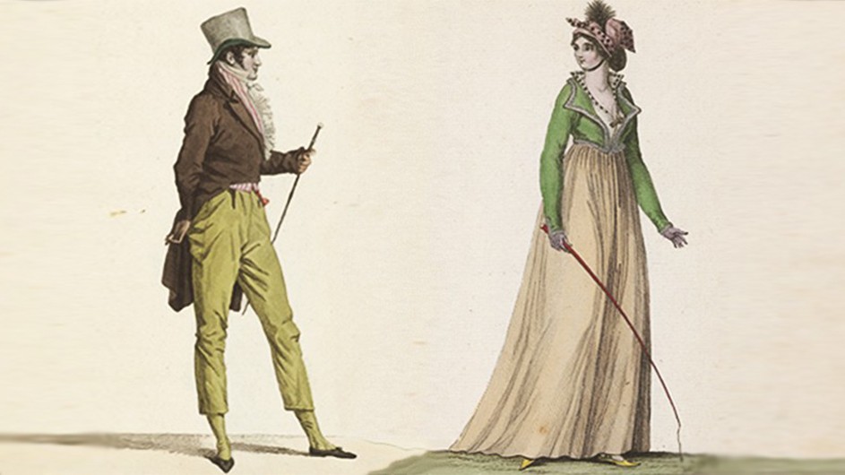 Two illustrations from the Journal des Dames et des Modes. The Morgan Library & Museum. An image of a man and an image of a woman from the Journal des Dames et des Modes.