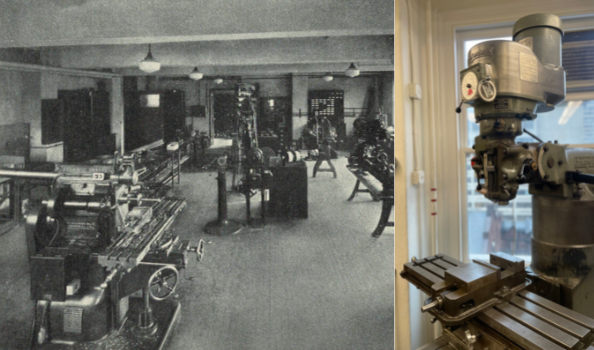 Black and white archival photo of the old Pupin Hall machine shop next to a modern photo of an iron drill press