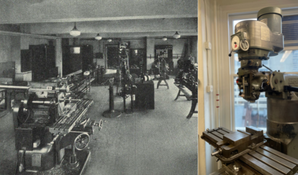 An old space continues to be useful. Black and white archival photo of the old Pupin Hall machine shop next to a modern photo of an iron drill press