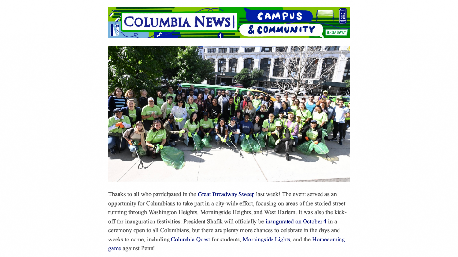 Screenshot of Columbia News | Campus & Community newsletter