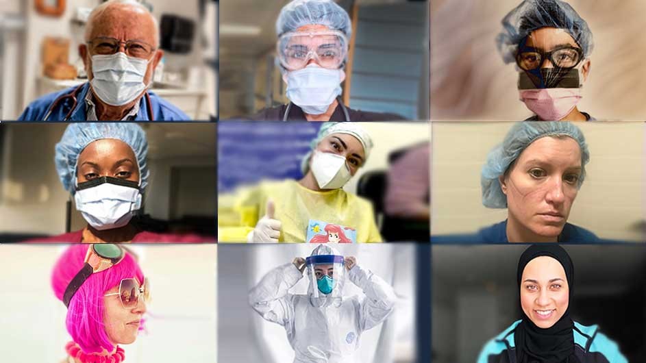 A collage of faces of frontline health care workers.