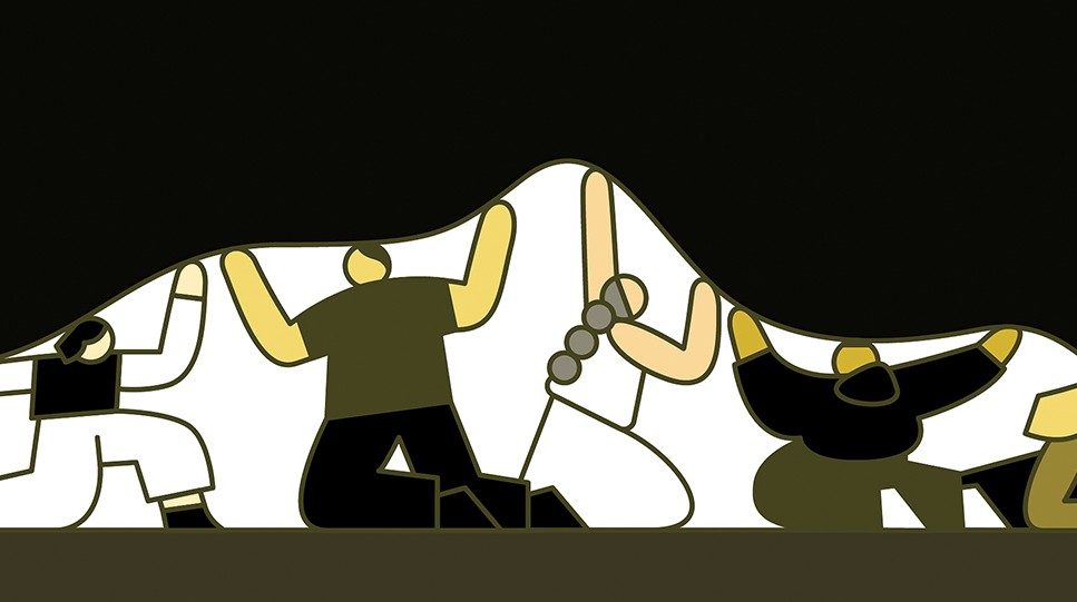 Psychologists and psychiatrists from Columbia Public Health and Columbia University Irving Medical Center prepare for a tsunami of mental-health issues caused by the collective trauma of the pandemic. Illustration of human figures holding up a black blob.