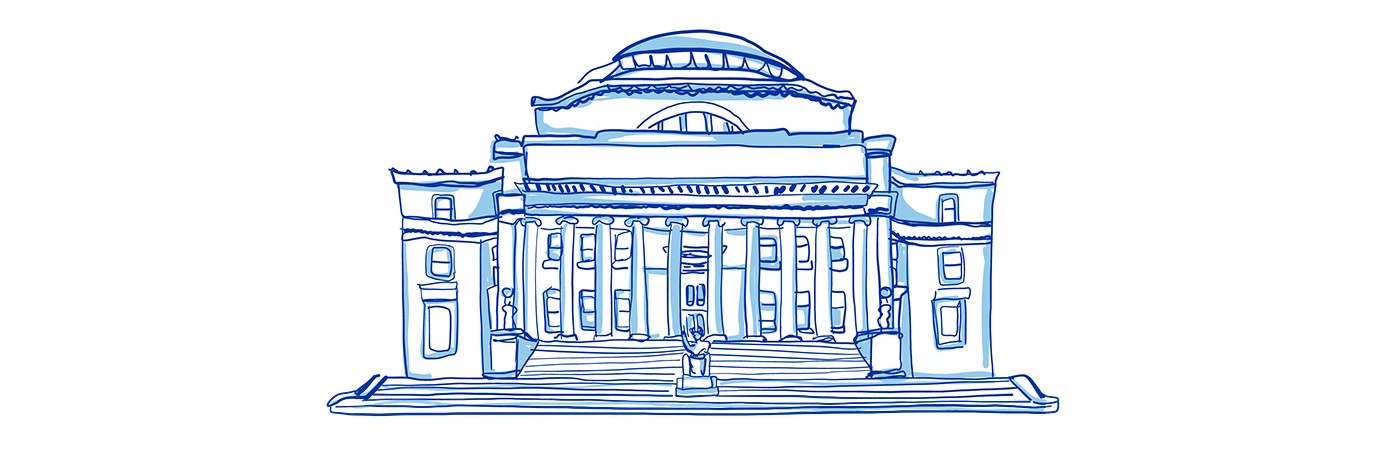 An illustration of Low Library in shades of blue.