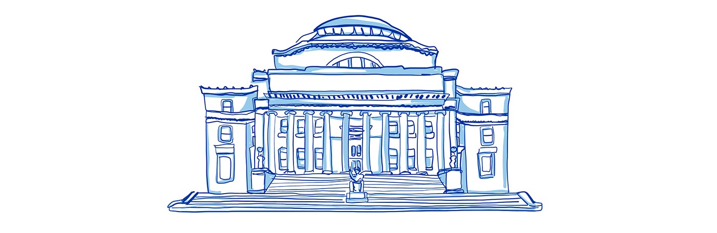 Illustration by Julie Winegard An illustration of Low Library in shades of blue.