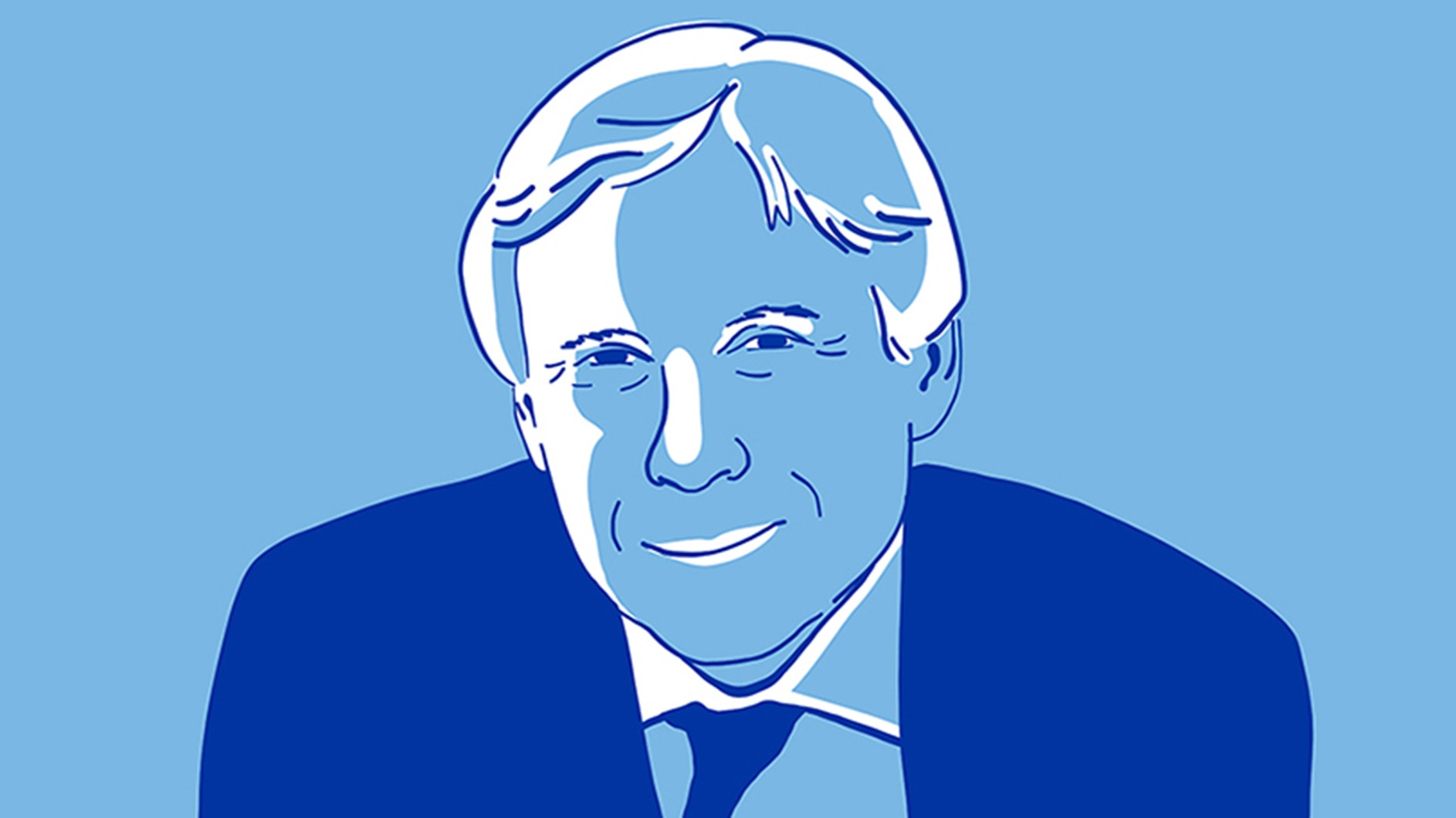 An illustration of a man in a blue suit with white hair.