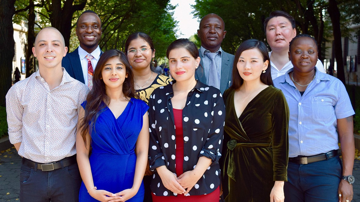 2019 Human Rights Advocates from left to right front row: Mariano Ruiz, Argentina; Ektaa Deochand, South Africa; Maria Abrahamyan, Armenia; Ying Xin, China; Joanita Warry Ssenfuka, Uganda. Back row from left to right: Wisdom Kwame Bebli, Ghana; Cecilia Ramirez Perez, Mexico; Charbonnel Nodjigoto, Chad; Platon Shamaev, Russia (Photo by Nicholas Perez). A group of people posing for a photo