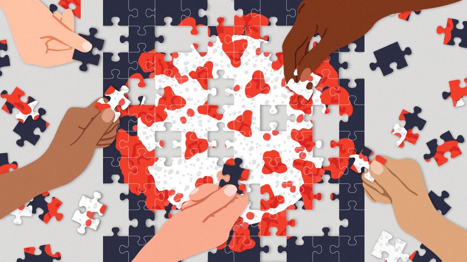 Illustration of a covid-19 virus as a puzzle with people's hands trying to put it together