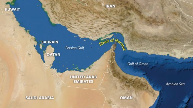 Choke points on the Strait of Hormuz A map showing the landmass in light brown and ocean in blue.