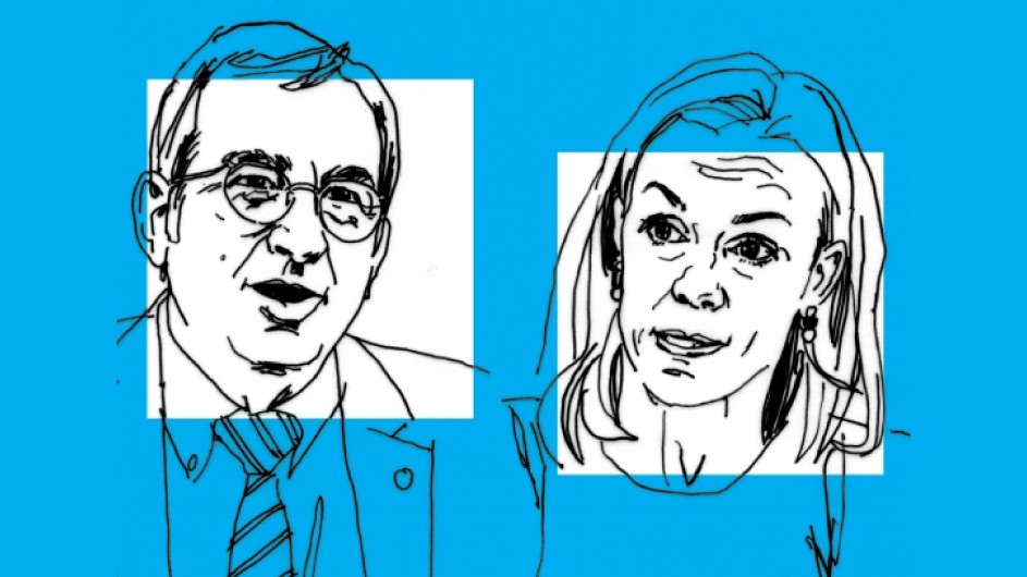 An illustration of a man with glasses and woman with shoulder length hair. Their faces have a white square on them and there is a light blue background.