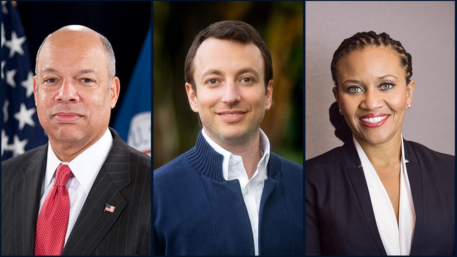 Jeh Johnson, Adam Pritzker, and Sheena Wright. A triptych image of a man in a dark suit and red tie, a man in a dark blue sweater and white shirt, and a woman in a dark suit and white shirt.
