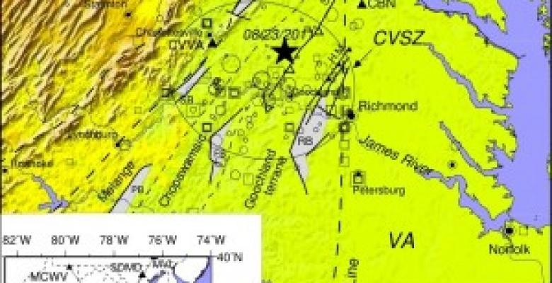 An aerial map of Virginia earthquake epicenter