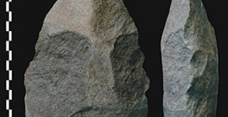 Early humans were using stone hand axes as far back as 1.8 million years ago. Credit: Pierre-Jean Texier, National Center of Scientific Research, France. A shaped stone axe head
