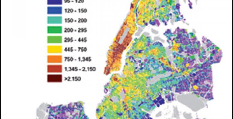 Map of New York with high energy consumption on Manhattan, least in the outer boroughs